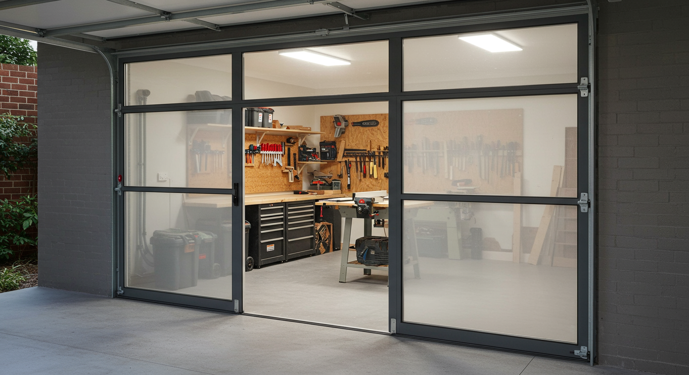 Garage screen door providing privacy for a workshop