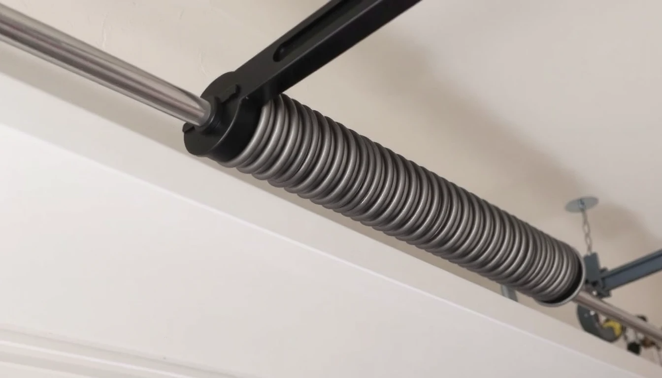 Close-up of garage door torsion spring in 2025