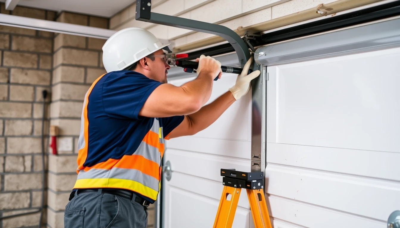 Technician performing garage door maintenance to prevent emergencies