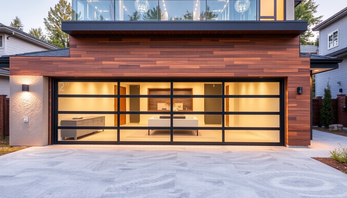 Modern glass garage door on a contemporary home