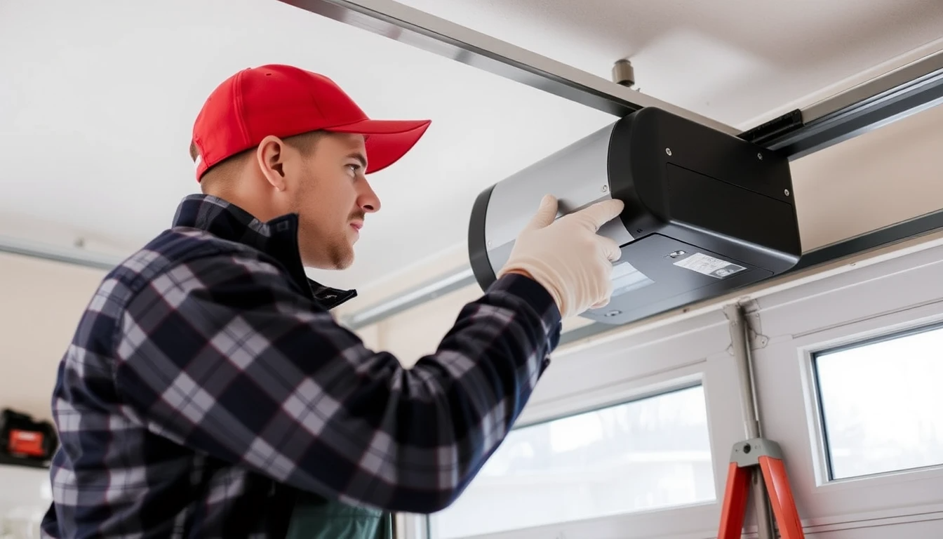 Professional installing a garage door opener