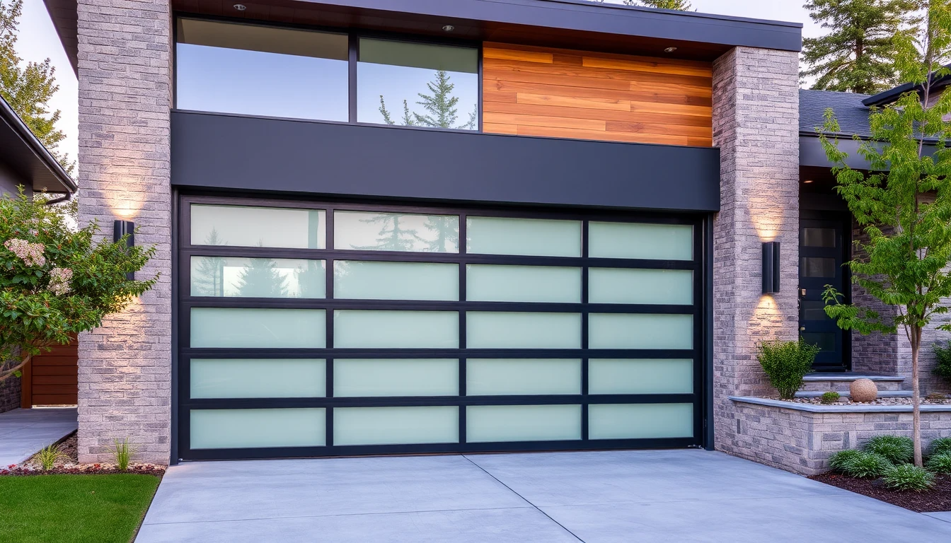 Modern glass garage door on a contemporary home