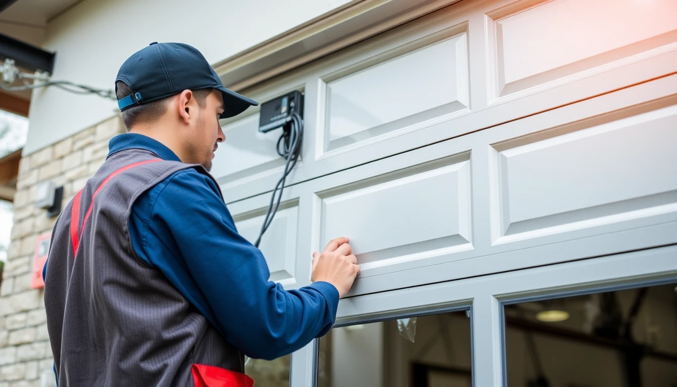 Technician maintaining a modern garage door