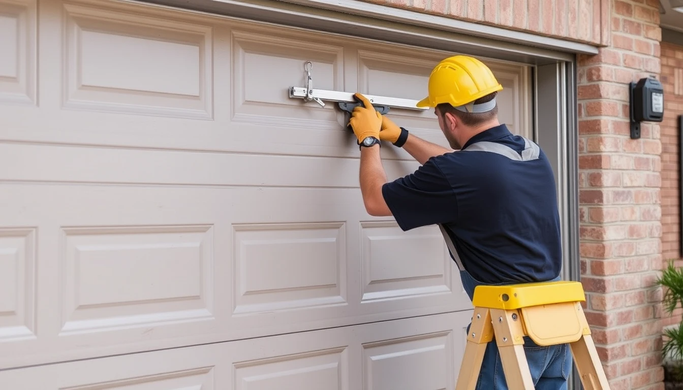 Technician installing garage door in Houston