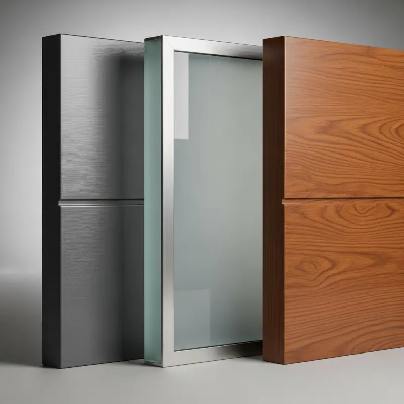 Muestras de materiales para puertas de garaje modernas: acero, vidrio y madera compuesta.